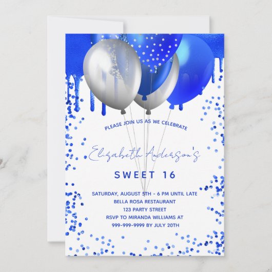 Invitation Doux 16 ballons bleu royal blanc gouttes de partie (Devant)