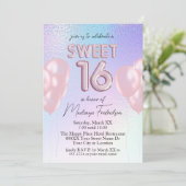 Invitation Doux 16 Ballons roses sur dégradé holographique (Debout devant)