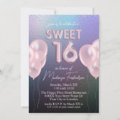 Invitation Doux 16 Ballons roses sur Holographique foncé (Devant)