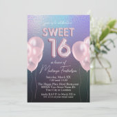 Invitation Doux 16 Ballons roses sur Holographique foncé (Debout devant)