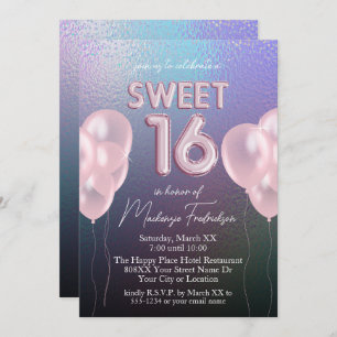 Invitation Doux 16 Ballons roses sur Holographique foncé