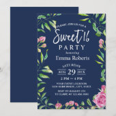 Invitation Doux 16 Elégante aquarelle Floral Navy bleu (Devant / Derrière)