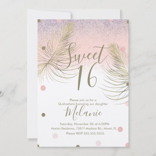 Invitation Doux 16 Faux Parties scintillant Points Or Plumes (Devant)