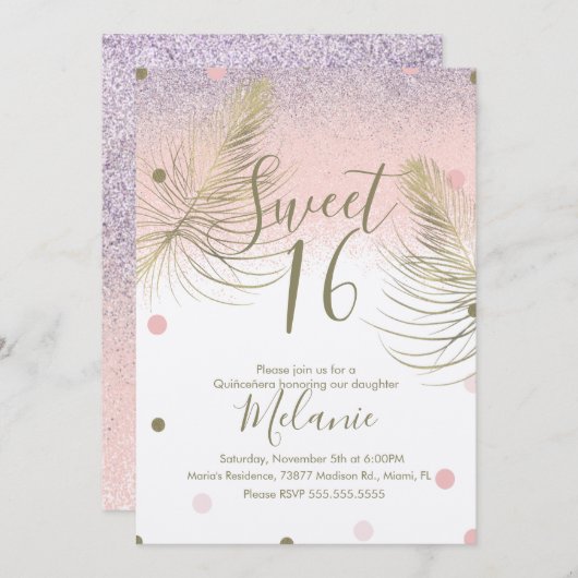 Invitation Doux 16 Faux Parties scintillant Points Or Plumes (Devant / Derrière)