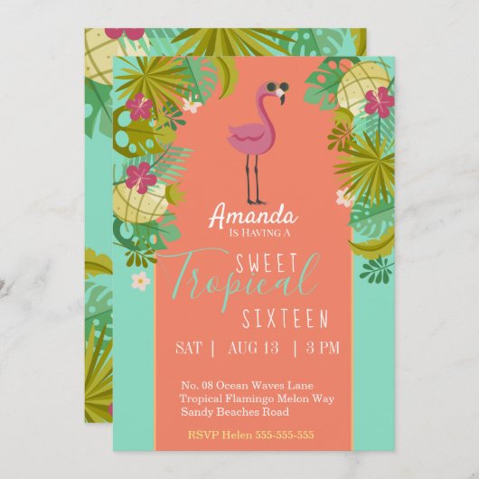Invitation Doux 16 Flamant rose d'anniversaire Luau Palm Tree (Devant / Derrière)