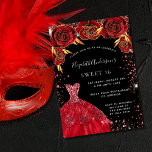 Invitation Doux 16 fleurs de robe rouge noir brillant<br><div class="desc">Une invitation moderne, élégante et glamour pour une fête Sweet 16, 16e anniversaire. Un arrière - plan noir avec des faux étincelles rouges, une robe et des roses rouges, des fleurs. Le nom est écrit avec un script de style moderne écrit à la main. Personnalisez et ajoutez les détails de...</div>