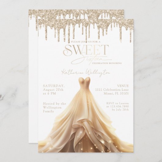 Invitation Doux 16 gouttes de Parties scintillant d'or Robe d (Devant / Derrière)