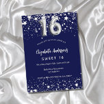 Invitation doux 16 marine bleu argent étoiles luxe<br><div class="desc">Une invitation moderne,  élégante et glamour pour une fête Sweet 16,  16e anniversaire. Un arrière - plan bleu marine,  décoré de faux étoiles argentées. Personnalisez et ajoutez votre nom et les détails de votre fête. Le numéro 16 est écrit avec une police de style ballon.</div>