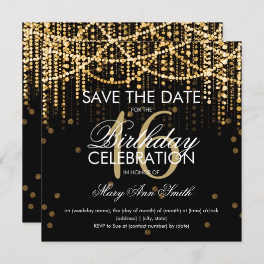 Invitation Doux 16 Parties "Enregistrer La Date" Gold String (Devant / Derrière)