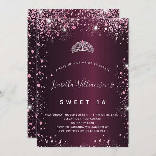 Invitation Doux 16 parties scintillant rose bordeaux tiara (Devant / Derrière)