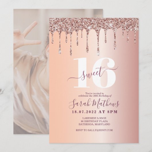 Invitation Doux 16 Parties scintillant Rose Gold Birthday (Devant / Derrière)