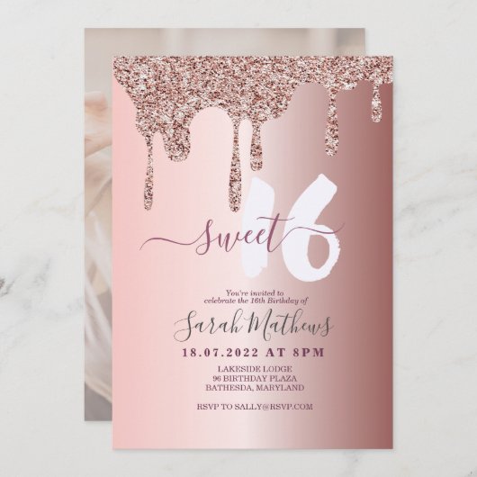 Invitation Doux 16 Parties scintillant Rose Gold Birthday (Devant / Derrière)