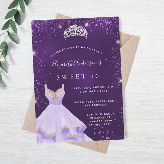 Invitation Doux 16 parties scintillant violet robe de poussiè