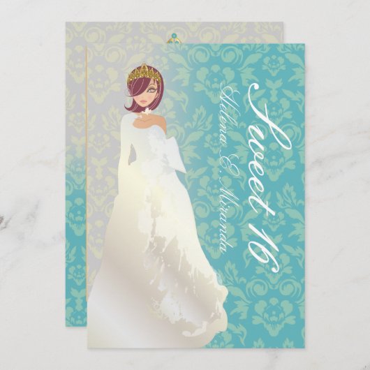 Invitation Doux 16/ princesse + damas turquoise (Devant / Derrière)