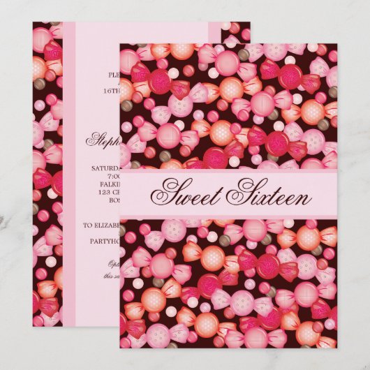 Invitation Doux 16 Seize bonbons en rose (Devant / Derrière)