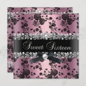 Invitation Doux 16 Seize Damas Rose Noir Argent Floral (Devant / Derrière)