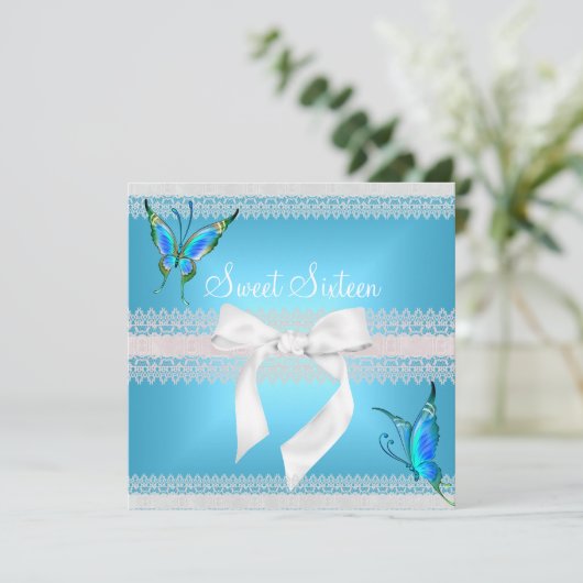 Invitation Doux 16 Seize dentelle blanche Turquoise Papillon (Debout devant)