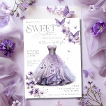 Invitation Doux 16 Seize Papillons Floraux Lilac Violet<br><div class="desc">Ce design exquis présente une étonnante aquarelle illustrant une belle robe violette, élégamment entourée d'un florilège de fines papillons violets, ornés de touches d'argent. Élégance et grâce rayonnantes, cette invitation ouvre la voie à une célébration inoubliable. Que ce soit pour un dîner sophistiqué, une soirée jardin ou un bal glamour,...</div>