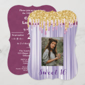 Invitation Doux 16 soie violette avec la photo de goutte d'or (Devant / Derrière)