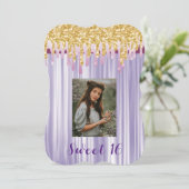Invitation Doux 16 soie violette avec la photo de goutte d'or (Debout devant)