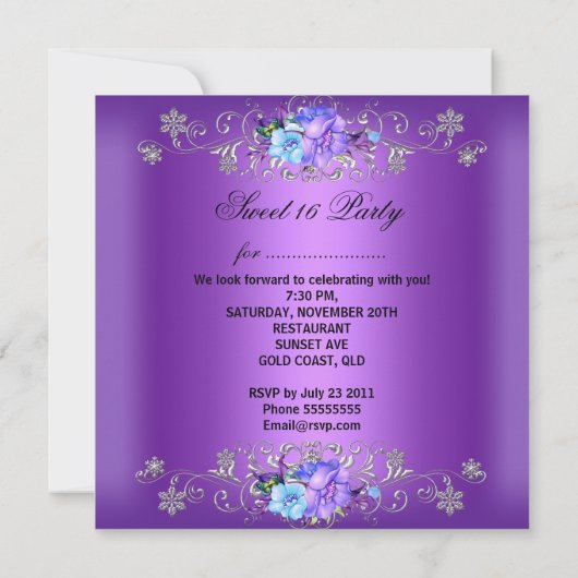 Invitation Doux 16 Sweets sixteens Fleurs violettes blanches (Dos)