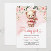 Invitation Doux bébé fille aquarelle teddy ours floral rousse (Devant / Derrière)