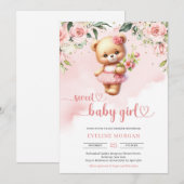 Invitation Doux bébé fille aquarelle teddy ours floral rousse (Devant / Derrière)