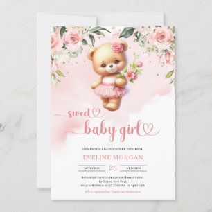 Invitation Doux bébé fille aquarelle teddy ours floral rousse
