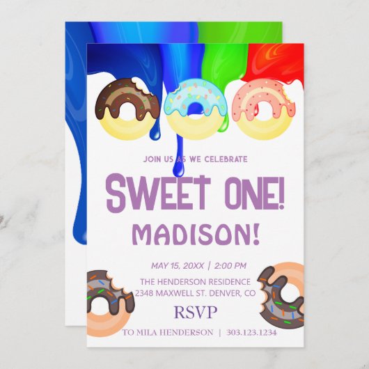 Invitation Doux beignets, couleurs arc-en-ciel, premier anniv (Devant / Derrière)