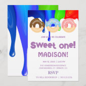 Invitation Doux beignets, couleurs arc-en-ciel, premier anniv (Devant / Derrière)