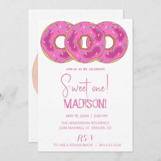 Invitation Doux beignets, couleurs arc-en-ciel, premier anniv (Devant / Derrière)