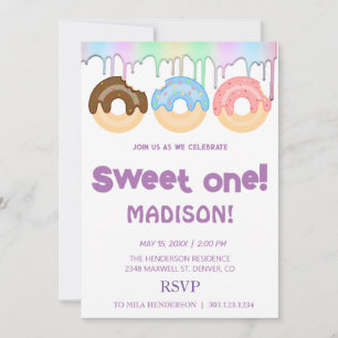 Invitation Doux beignets, couleurs arc-en-ciel, premier anniv