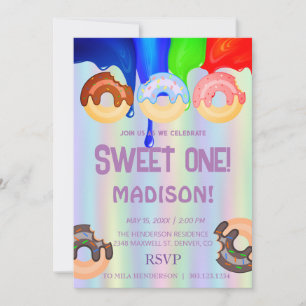 Invitation Doux beignets, couleurs arc-en-ciel, premier anniv
