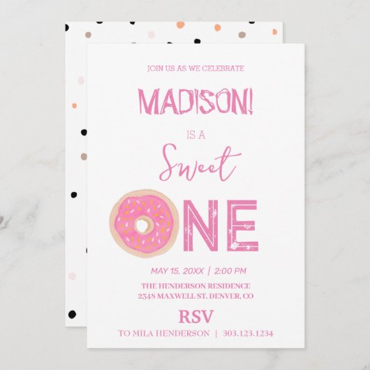 Invitation Doux beignets, couleurs arc-en-ciel, premier anniv (Devant / Derrière)