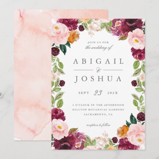 Invitation Doux Blush & Burgundy Aquarelle Mariage Floral (Devant / Derrière)