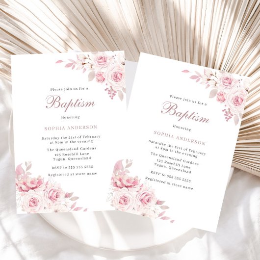 Invitation Doux Blush Fleurs Élégantes Baby Girl Baptism
