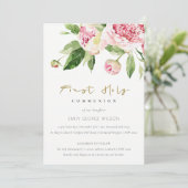 Invitation Doux Blush Floral Peony Première Communion Sainte (Debout devant)