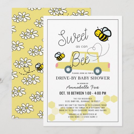 Invitation Doux comme peut Bee White Drive-by Baby shower (Devant / Derrière)