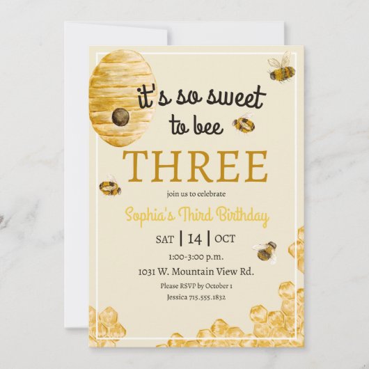 Invitation Doux d'être trois Alvéoles Abeilles Troisième Anni (Devant)
