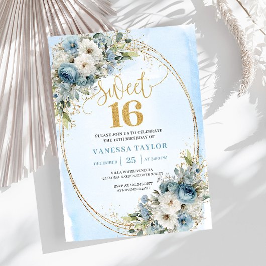 Invitation Doux Dusty Blue Floral 16e Anniversaire