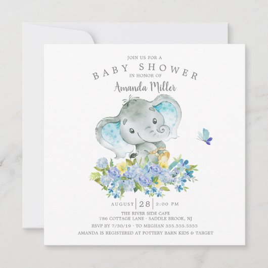 Invitation Doux éléphant joyeux bébé garçon douche (Devant)