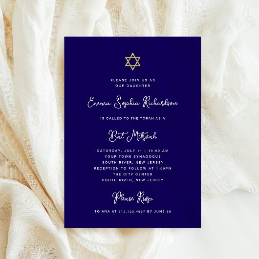 Invitation Doux et simple | Bleu blanc et Bat mitzvah or