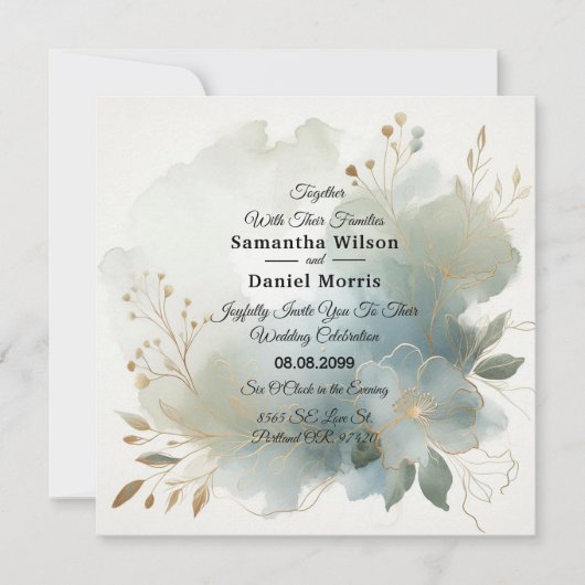Invitation Doux Golden Dusty Blue Romance Mariage (Devant)