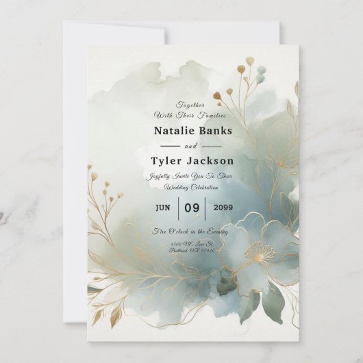 Invitation Doux Golden Dusty Blue Romance Mariage (Devant)