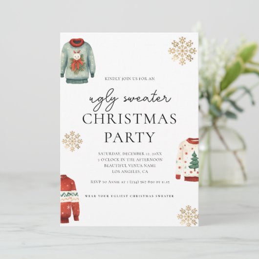 Invitation Doux moche Noël Soirée Gold Snowflake (Debout devant)