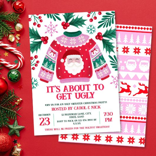 Invitation Doux moche Père Noël Costume Party Vert et Rouge