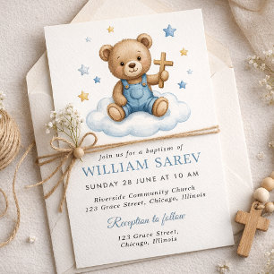 Invitation Doux ours en peluche baptême avec des étoiles bleu