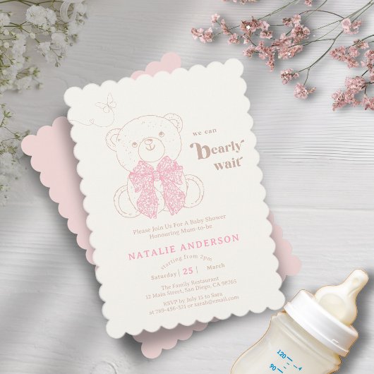 Invitation Doux Ours Rose Nous Pouvons Attendre Baby shower