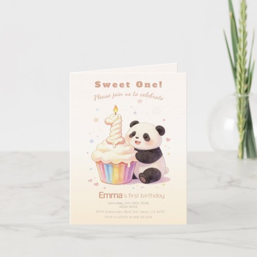 Invitation Doux Panda Pastel Bébé 1er Anniversaire (Devant)