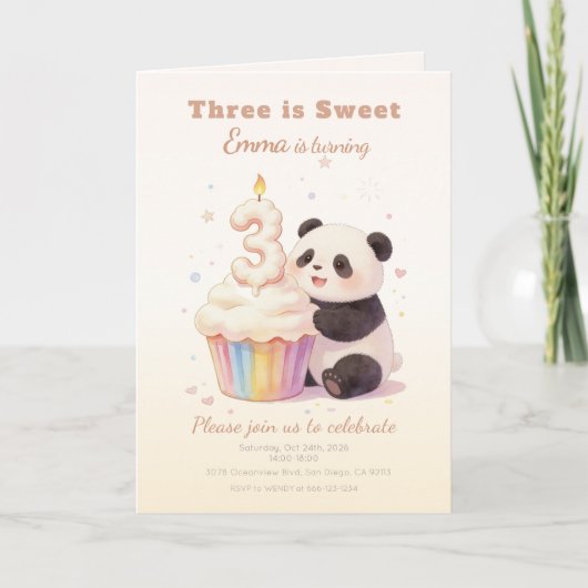 Invitation Doux Panda Pastel Bébé 3e Anniversaire (Devant)